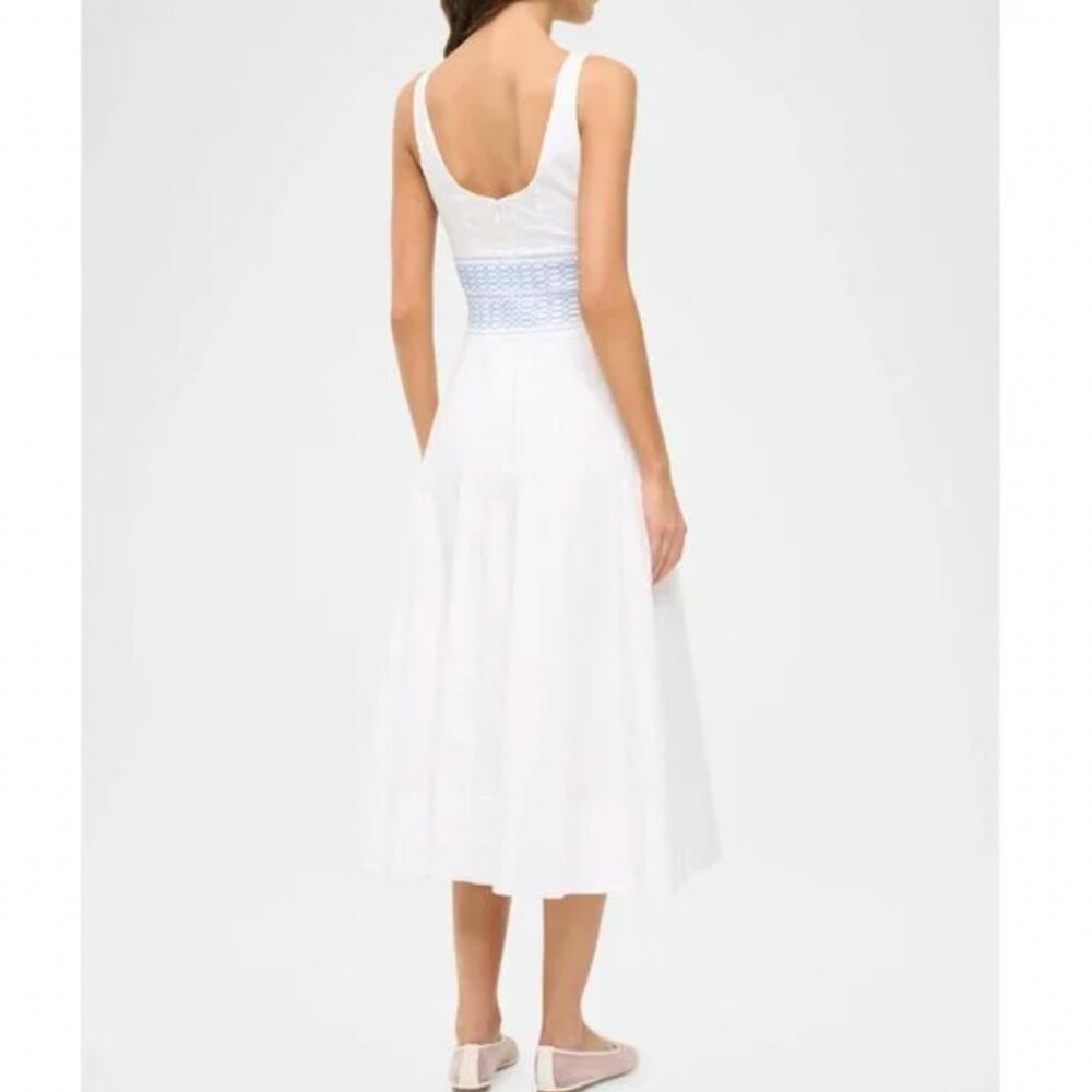 NWT STAUD Rig Embroidered Midi Dress - White Blue Cotton Cocktail - Picture 3 of 10